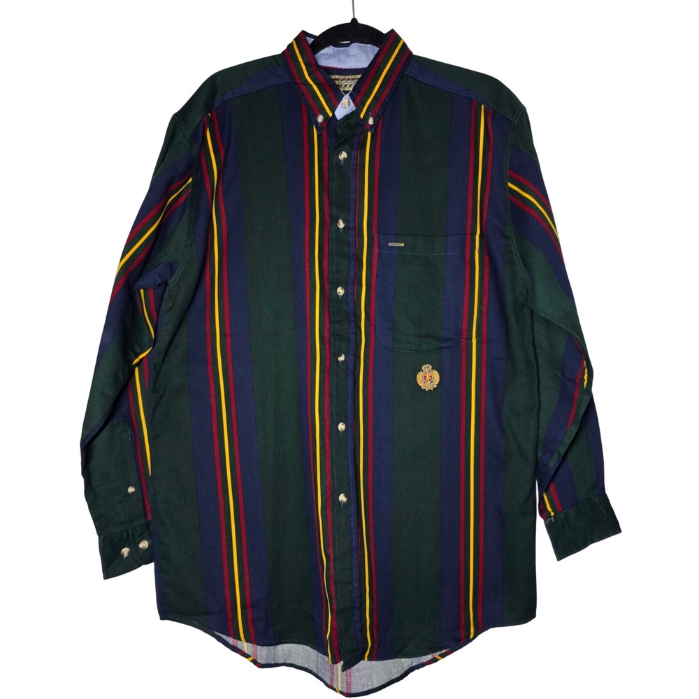 Vintage J Riggins Hunting Horns Striped Button Down Shirt Mens Medium Green 90s